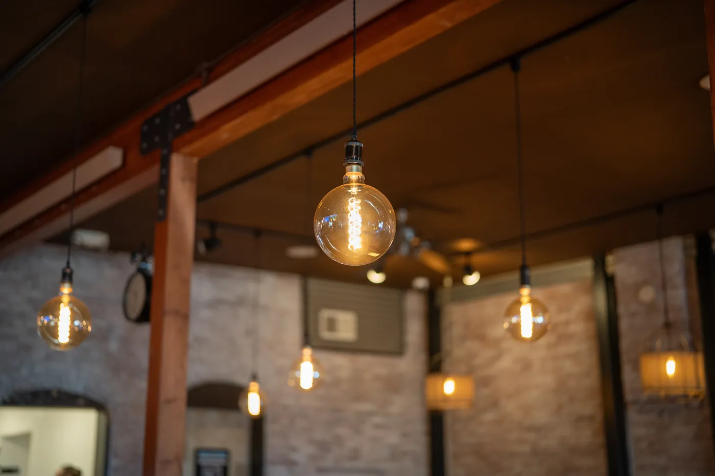 Warm interior with hanging lights