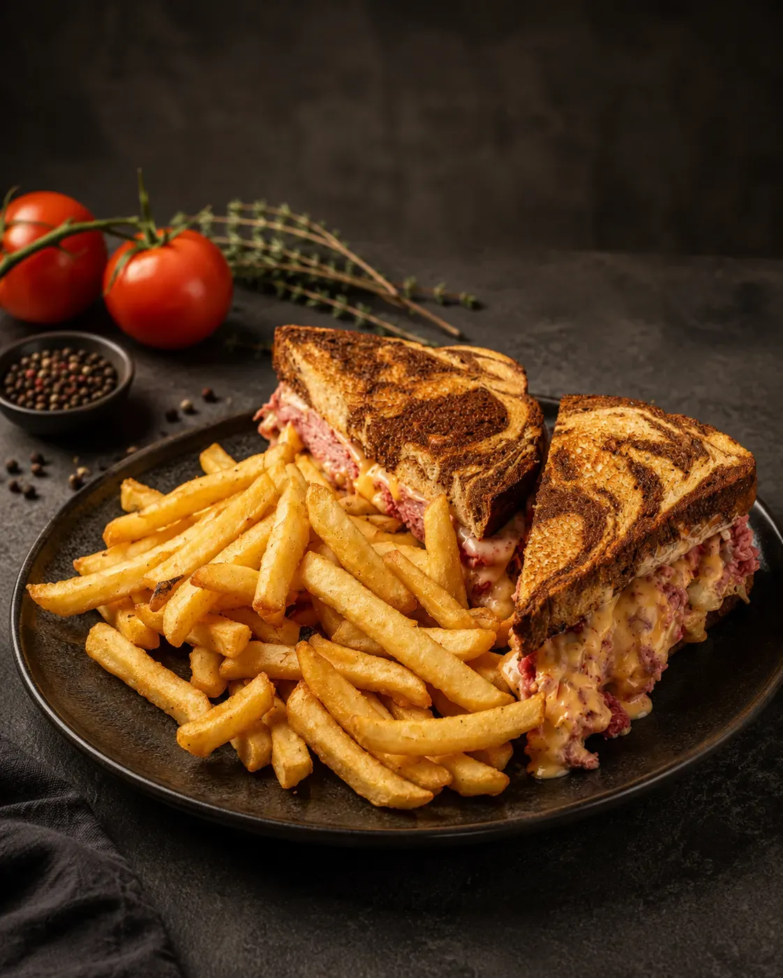 Reuben sandwich with fries